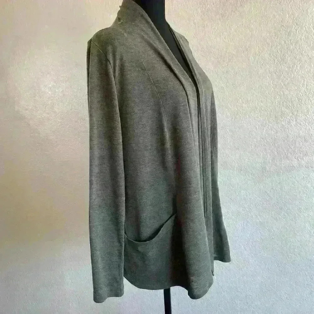 Easywear by Chicos Knit light breezy Cardigan Pocket Moss Hunter Green Women 3